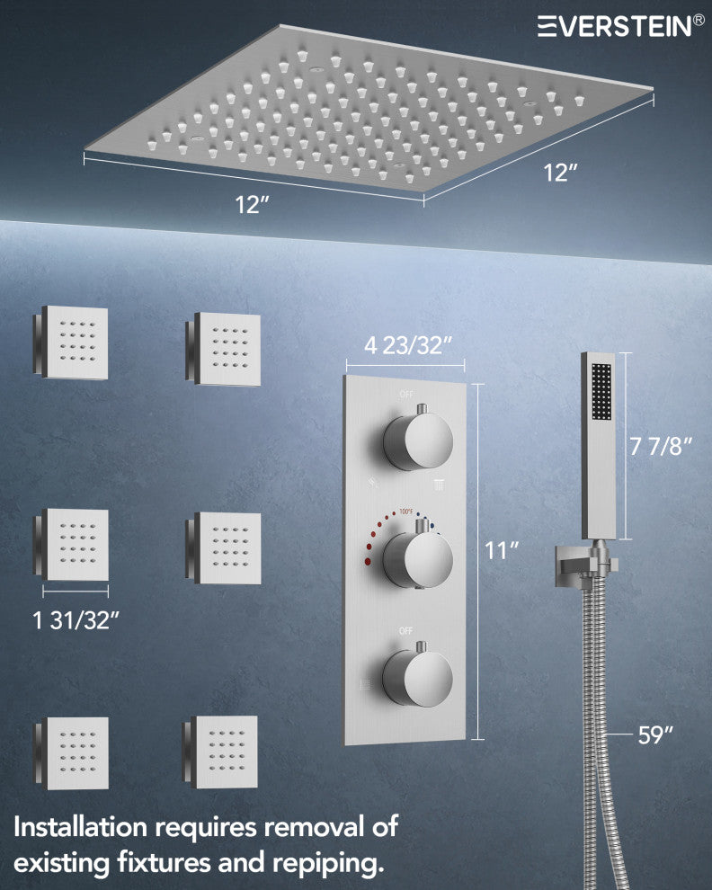 LED Thermostatic Shower System 12" Rain Shower Head with 6 Body Jets, Brushed Nickel