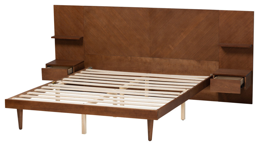 Graham Ash Walnut Wood Queen Size Platform Storage Bed with Built-In Nightstands