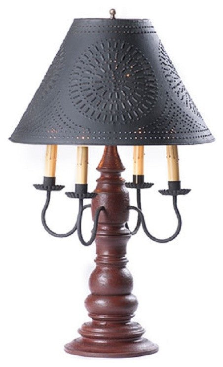 USA Handmade Wood Table Lamp Bradford With Punched Tin Shade, Red