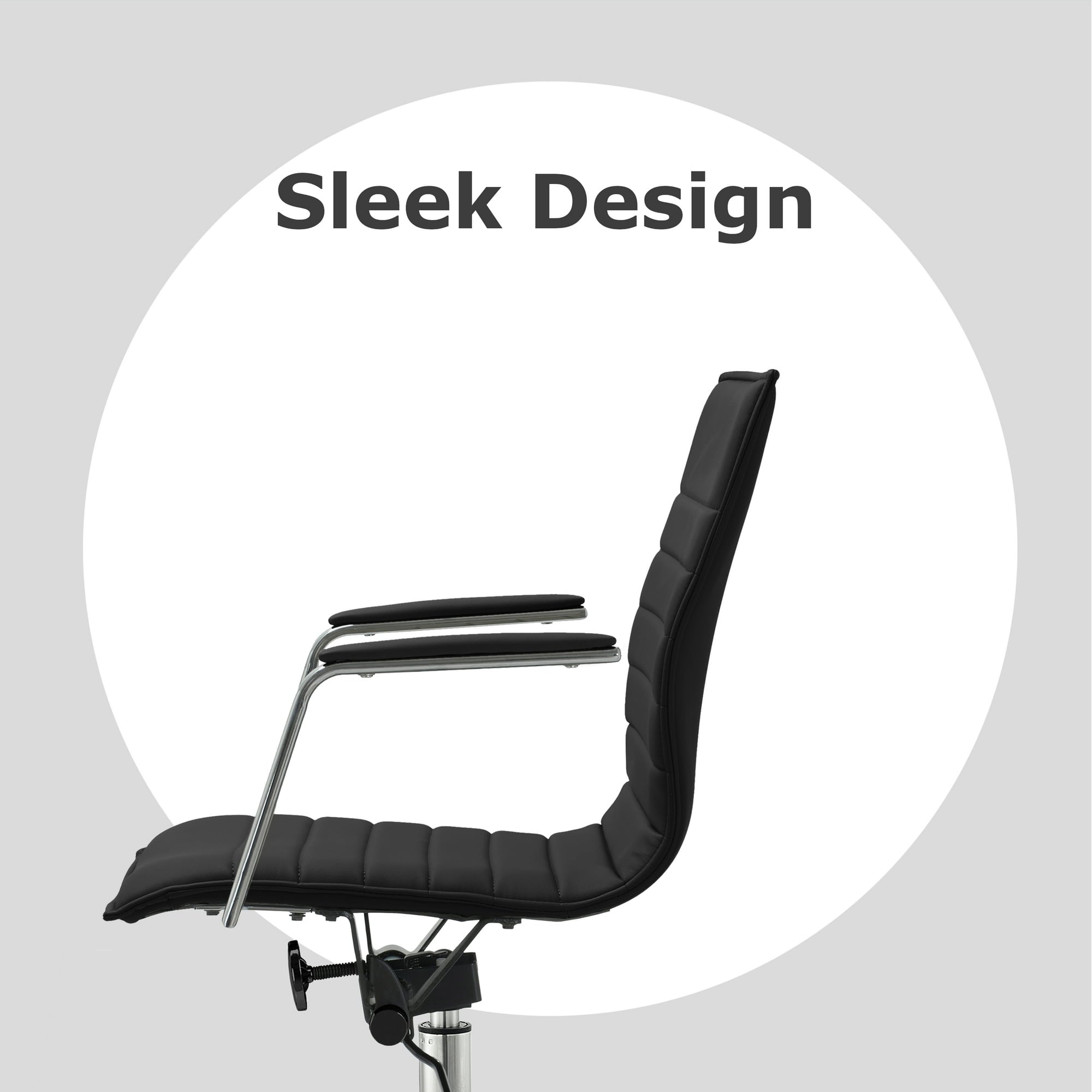 Modern Office Arm Chair With Wheels  Mid Back Ribbed PU Leather Adjustable, Black