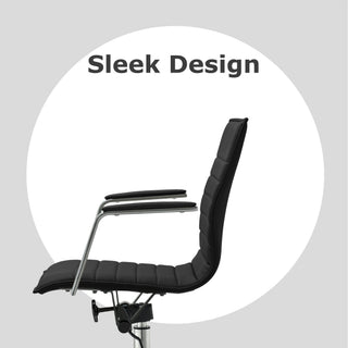 Modern Office Arm Chair With Wheels  Mid Back Ribbed PU Leather Adjustable, Black