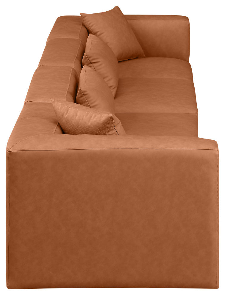 Cube Upholstered Modular Sofa, Cognac, 4-Piece: 2 Armless Chair, 2 Corner Chair, Vegan Leather
