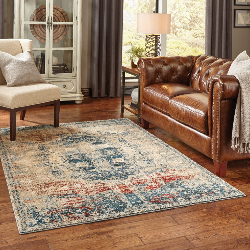 4" x 6" Sand and Blue Distressed Indoor Area Rug