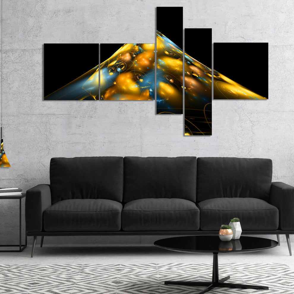 Fractal Golden Blue Structure, Abstract Canvas Art Print, 60"x32", 5 panels