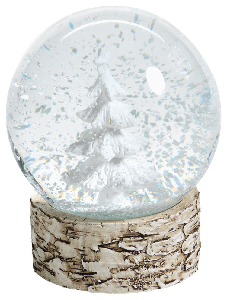 4" Tall Large Snow Globe on Birch, Tree Sculpture, White and Beige, Set of 2