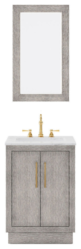 Hugo Carrara White Marble Countertop Vanity in Gray Oak, Satin Gold Hardware, 24", Vanity With Mirror