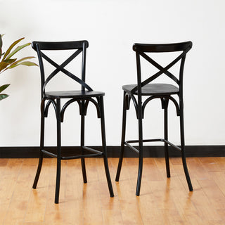 Black Steel Bar Stool With Solid Elm Wood Seat and Back Support, Set of 2