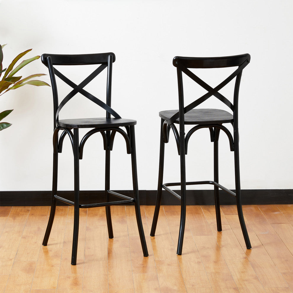 Black Steel Bar Stool With Solid Elm Wood Seat and Back Support, Set of 2