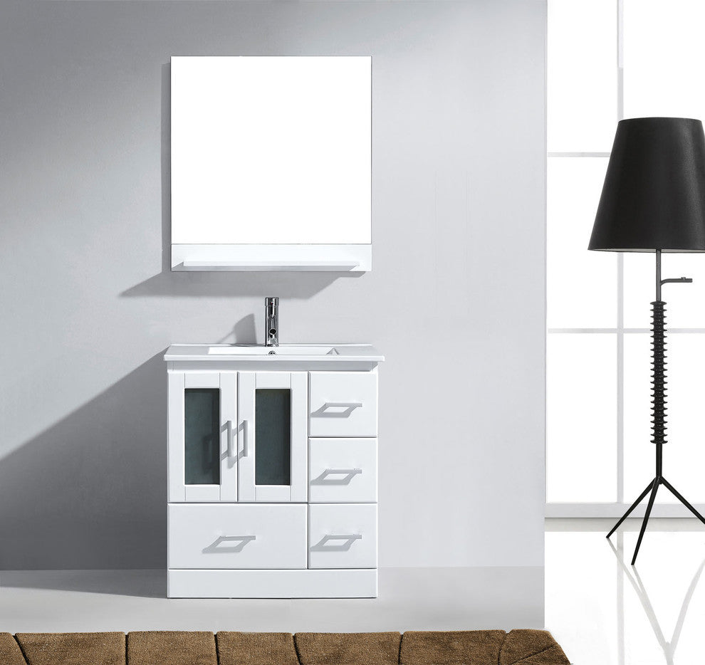 Virtu Zola Single Bathroom Vanity, White, Polished Chrome Faucet, Mirror, 31.89"