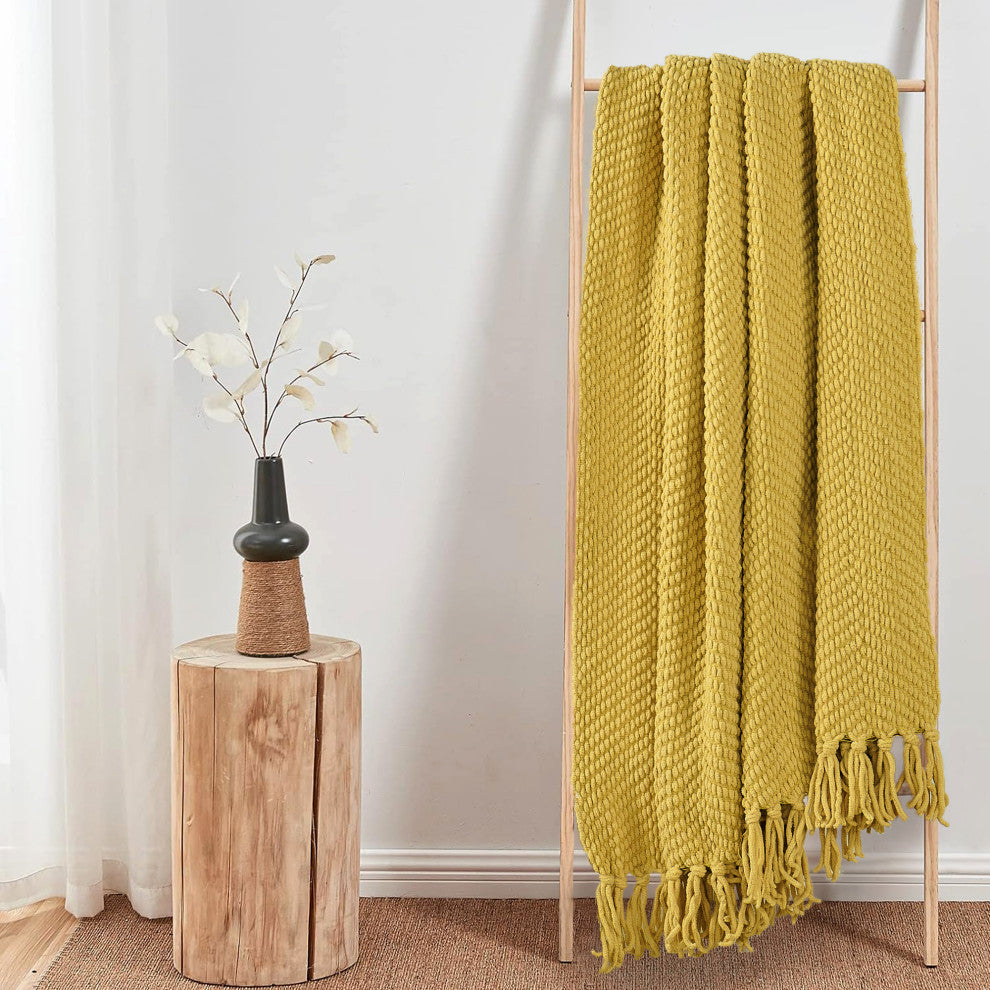 Tweed Knitted Throw Blanket, Lemon Curry, 60"x80"