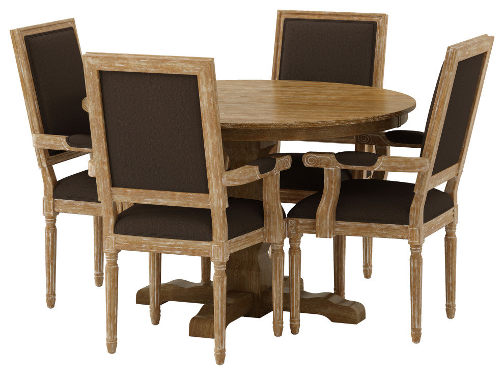 Joretta French Country Fabric Upholstered Wood 5-Piece Circular Dining Set, Natural/Brown