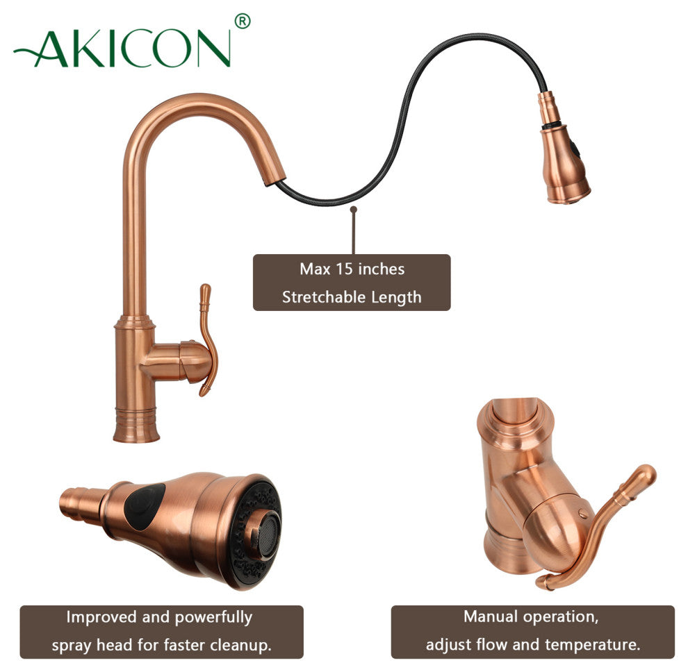 Copper Pull Down Kitchen Faucet With Soap Dispenser and Deck Plate, All, One