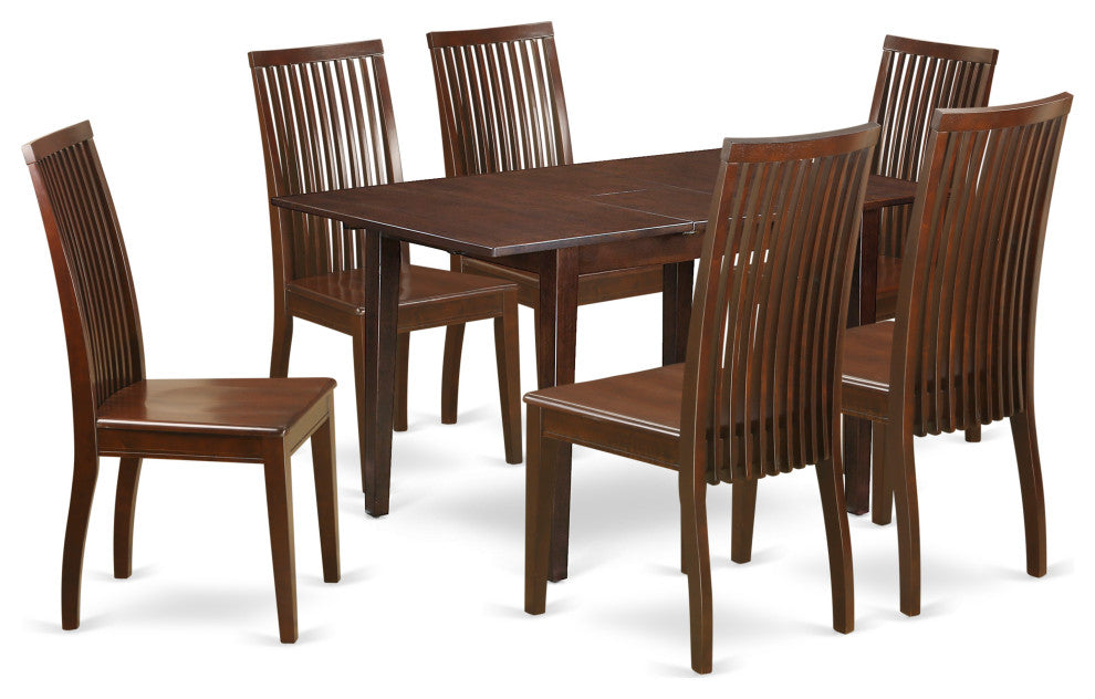 7Pc Rectangular Kitchen Table Featuring 12" Leaf, Six Wood Chairs In Mahogany
