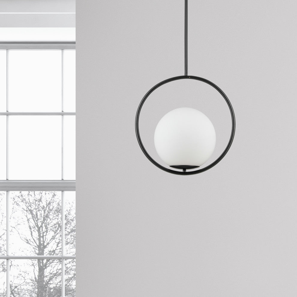 Modern Pendant With White Glass, Matte Black