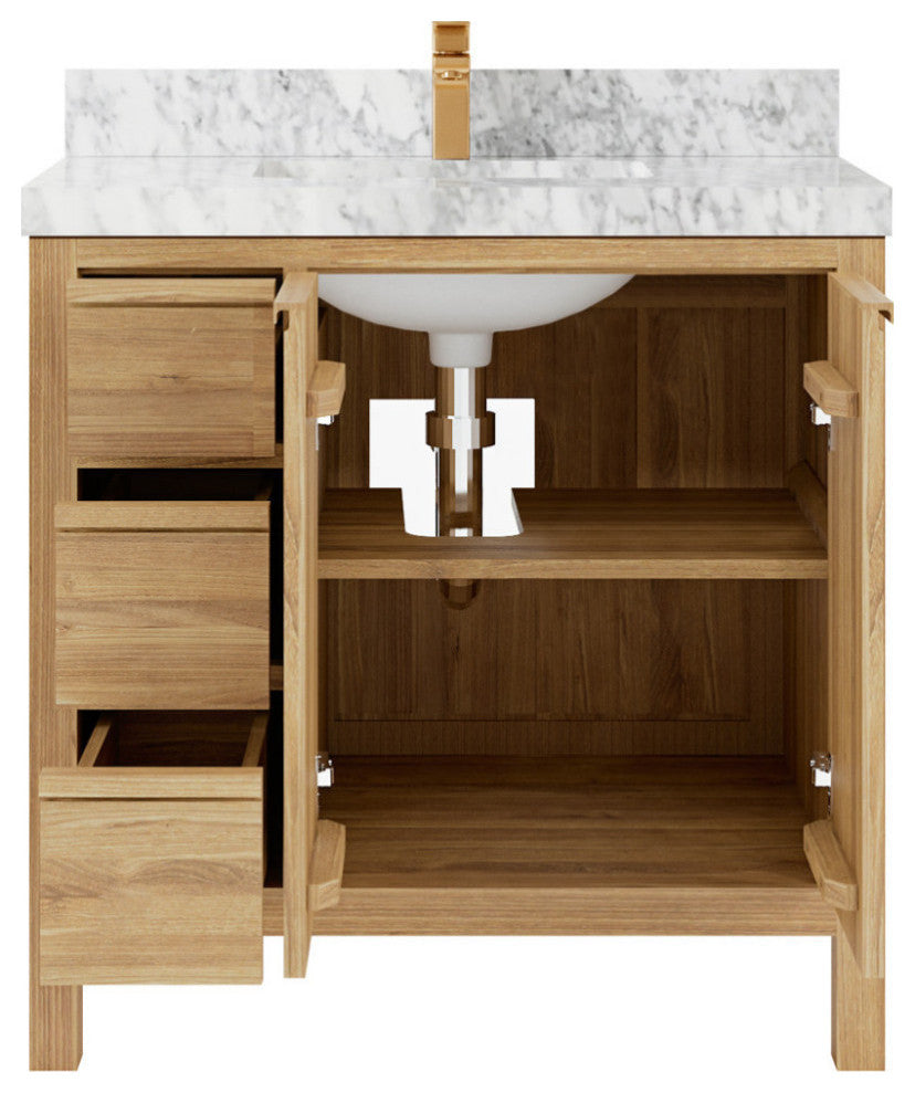 Elizabeth 36 Center Sink Bath Vanity in Light Natural Teak 2" Carrara Marble