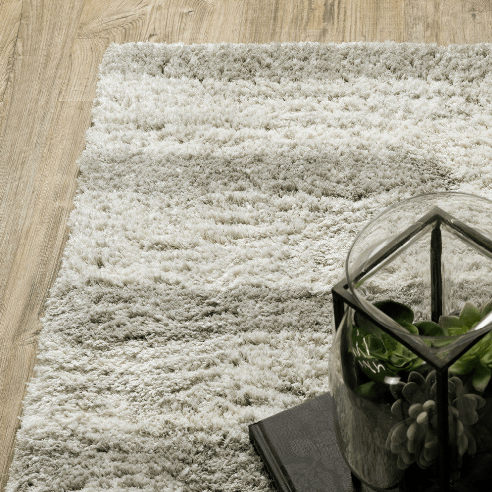 2' X 8' Ivory And Grey Geometric Shag Power Loom Stain Resistant Runner Rug
