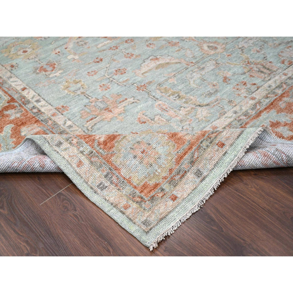 Sage Green Hand Knotted Oushak Design Wool Over Oriental Rug, 11'10"x14'8"