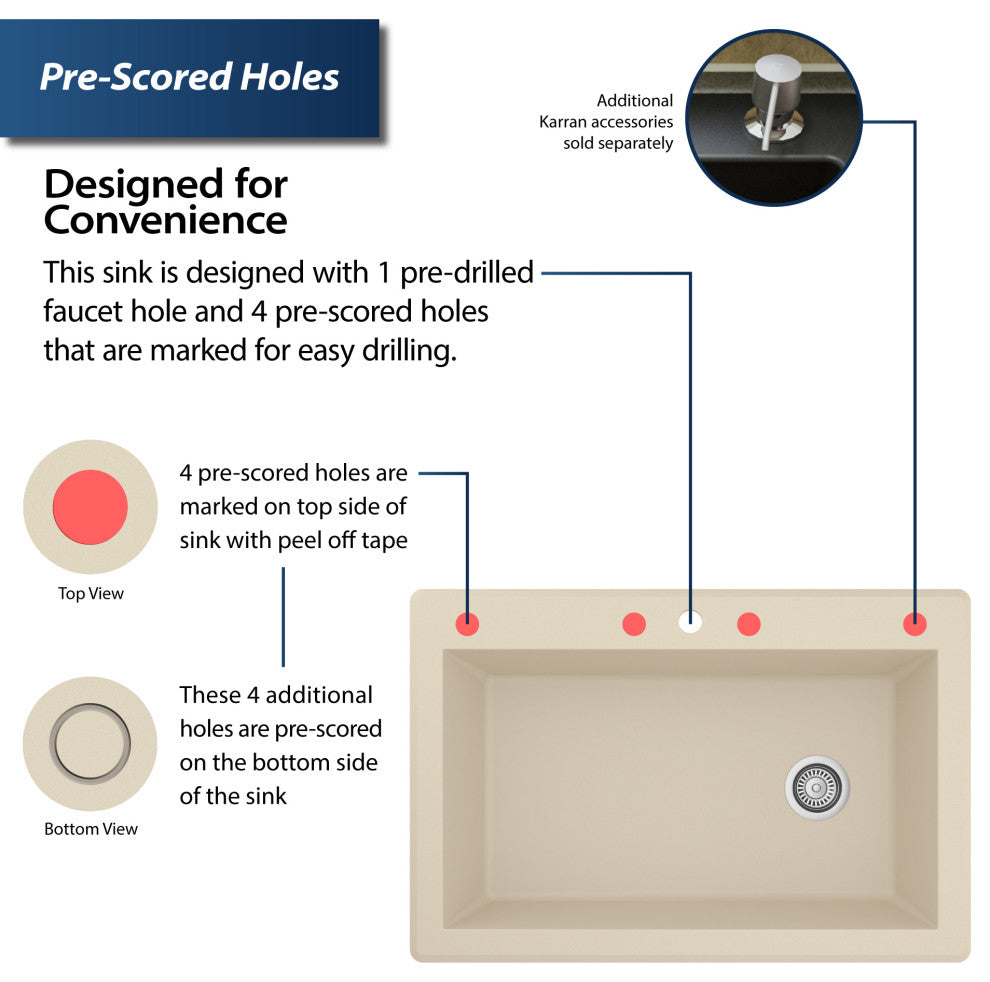 Karran Drop-In Quartz 33" 1-Hole Single Bowl Kitchen Sink Kit, Bisque