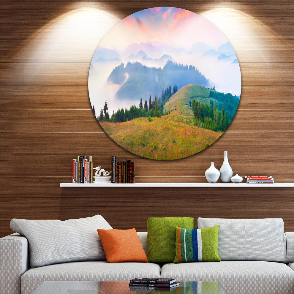 Foggy Carpathian Panorama, Landscape Photo Disc Metal Wall Art, 23"