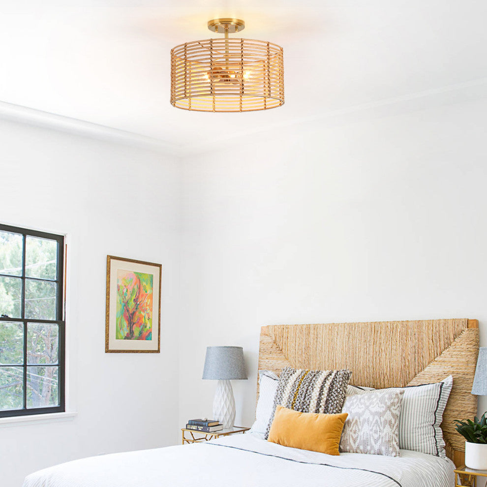15.4"W 2-Light Bohemian Rattan Semi-Flush Mount Ceiling Light