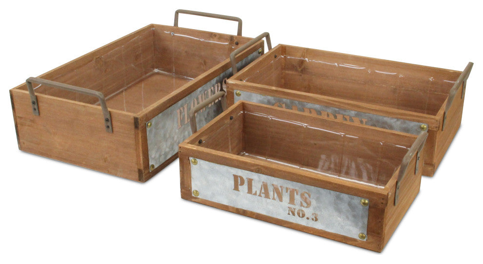 Set Of 3 Wood Storage With Galvanized Cutout Accent