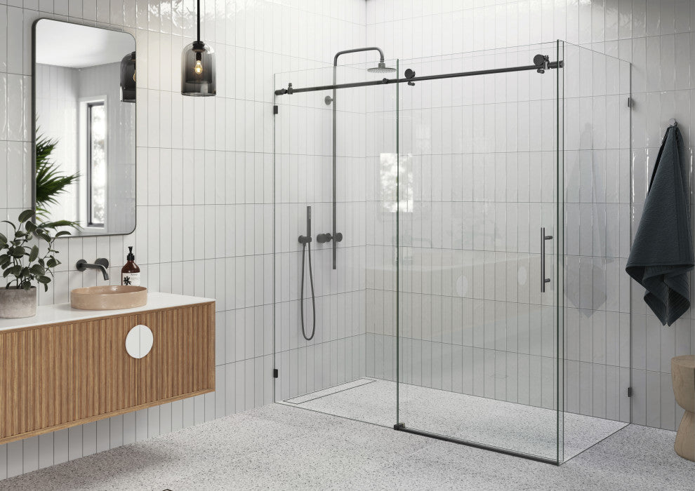 64"-68"x34"x78" Frameless Sliding Shower Door With Return Panel, Matte Black