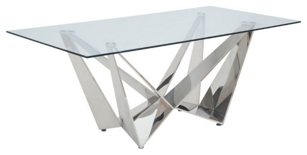 Benzara BM261725 Dining Table With Overlapped Metal Geometric Accent, Silver