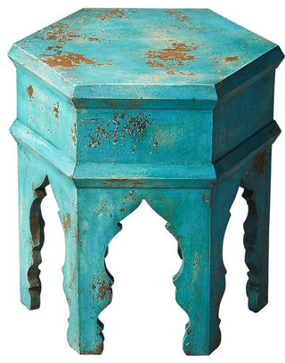 Mango Wood Moroccan Side Table, Blue Finish