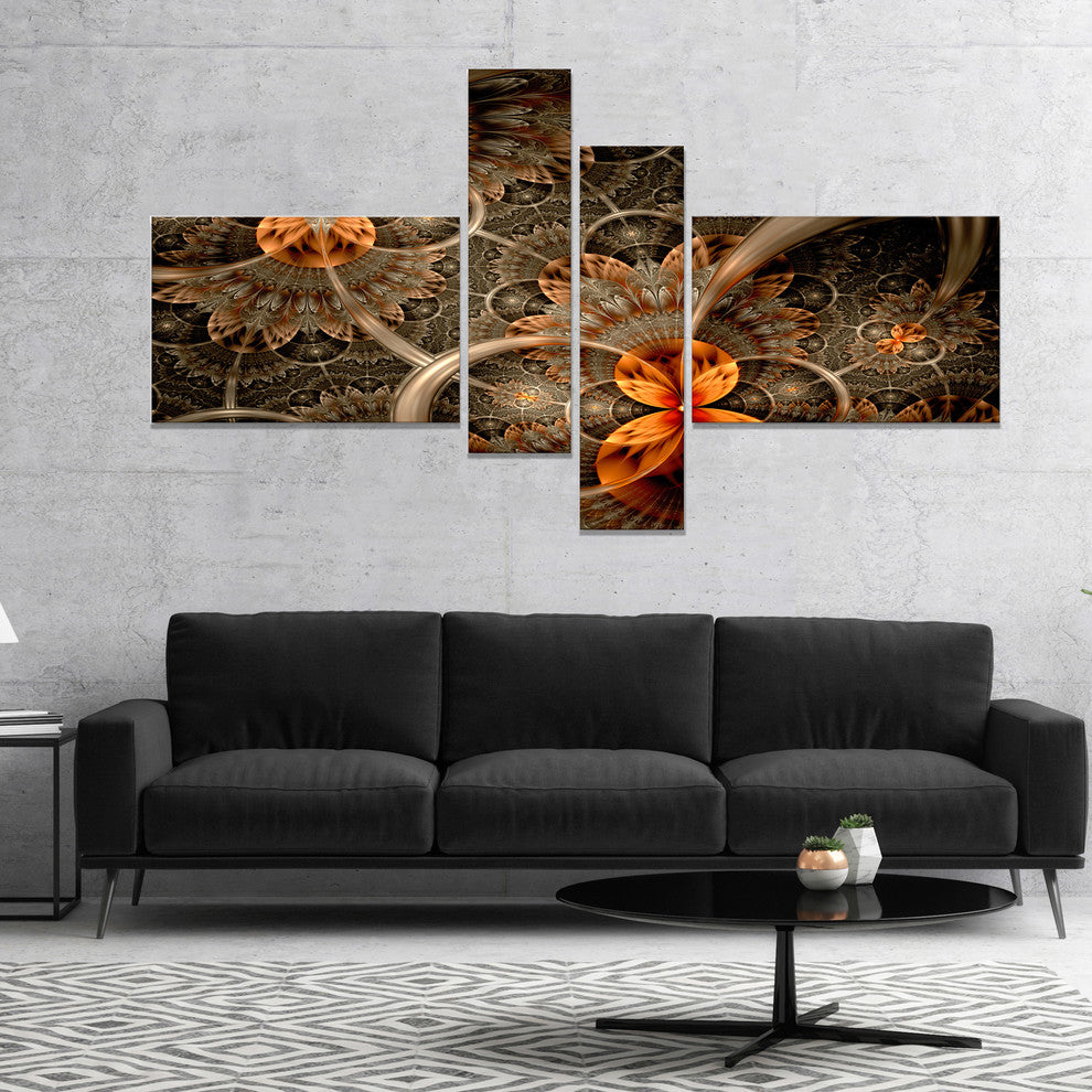 Dark Orange Symmetrical Flower, Abstract Wall Art Canvas, 60"x32", 4 panels