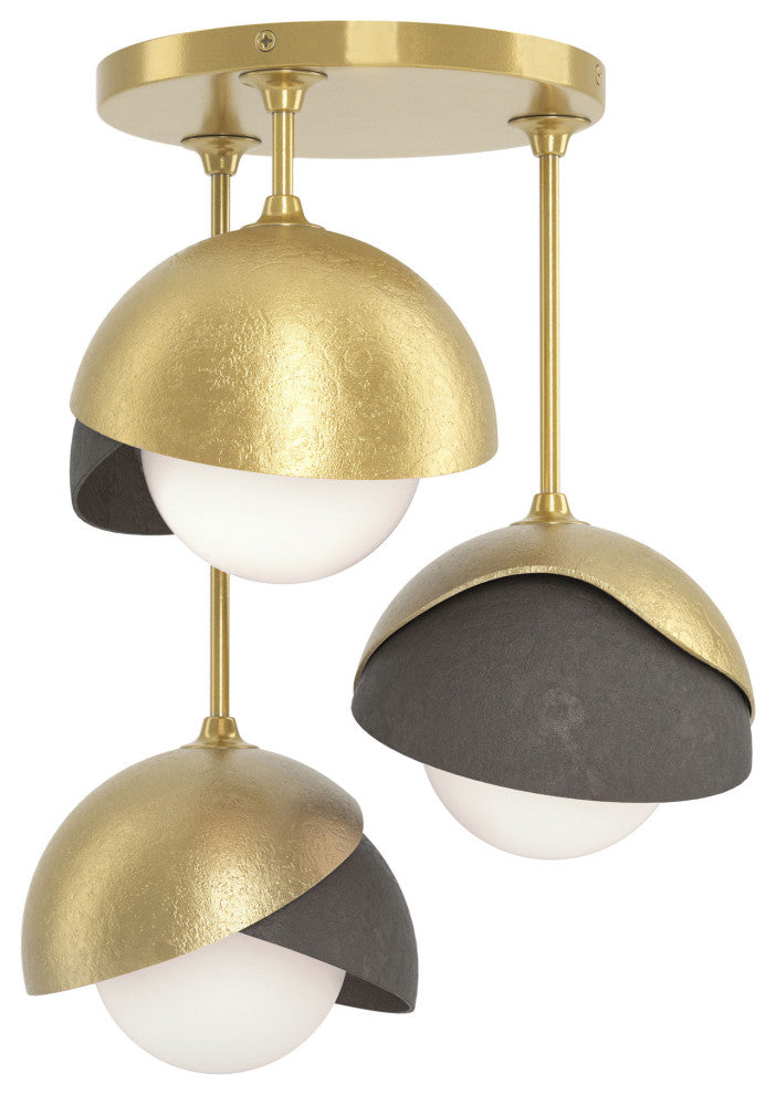 Brooklyn 3-Light Double Shade Semi-Flush, Modern Brass, Dark Smoke, Opal Glass