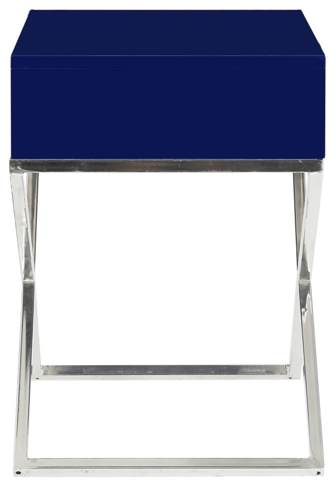 Katie Square Lacquer-Finish X-Metal Leg Nightstand, Navy Chrome