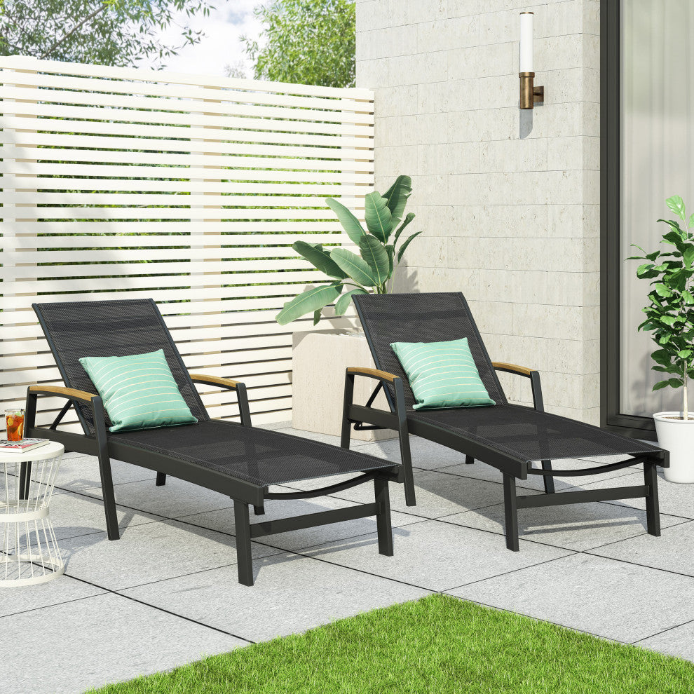 GDF Studio Outdoor Mesh and Aluminum Chaise Lounge, Black, Set of 2