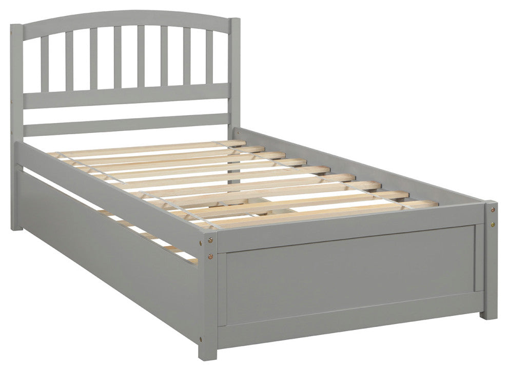 TATEUS Twin Platform Bed With Trundle, Wood Bed Frame With Headboard, Gray