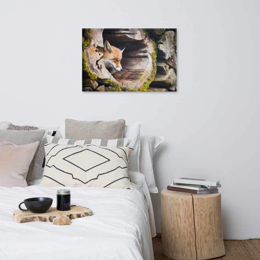 Young Red Fox Face In Mossy Stump Animal Wildlife Photo Canvas Wall Art Prints, 24" X 36"