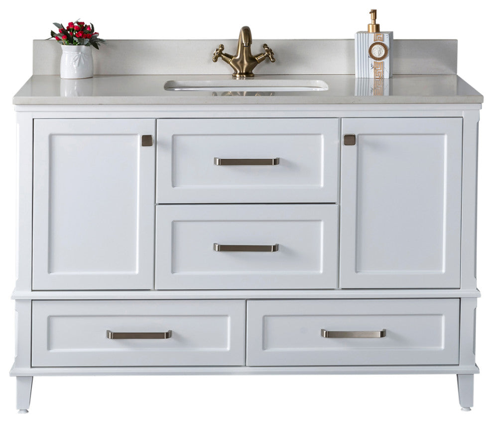 Nera Collection 48" Bath Vanity Quartz Top and Ceramic Sink, White, 48"