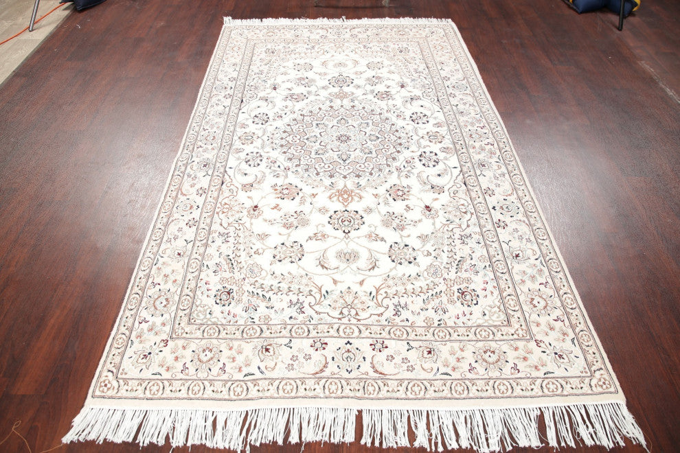 Nain Oriental Traditional Hand Made Persian Style Area Rug, White, 8'3"x5'1