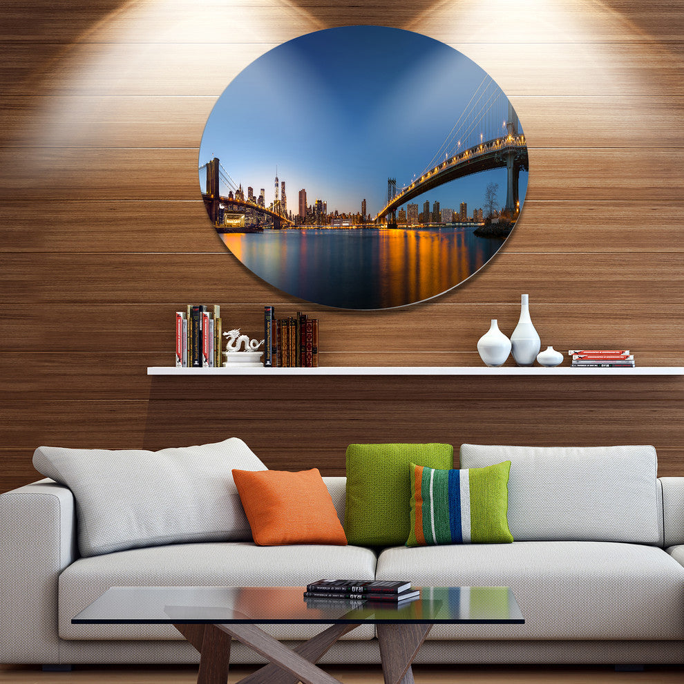 New York City Dusk Panorama, Cityscape Wall Disc Metal Wall Art, 38"