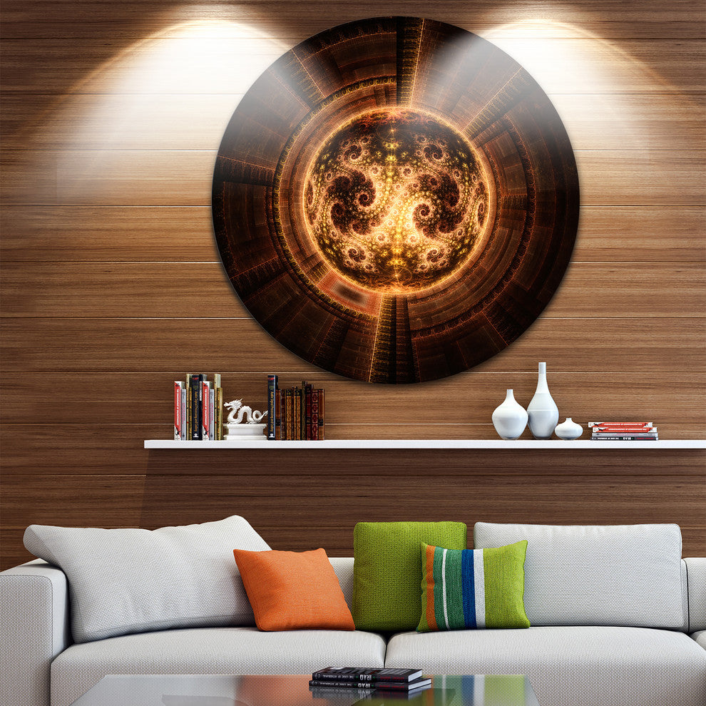 Rounded Orange Glowing Fractal Flower, Abstract Disc Metal Artwork, 11"