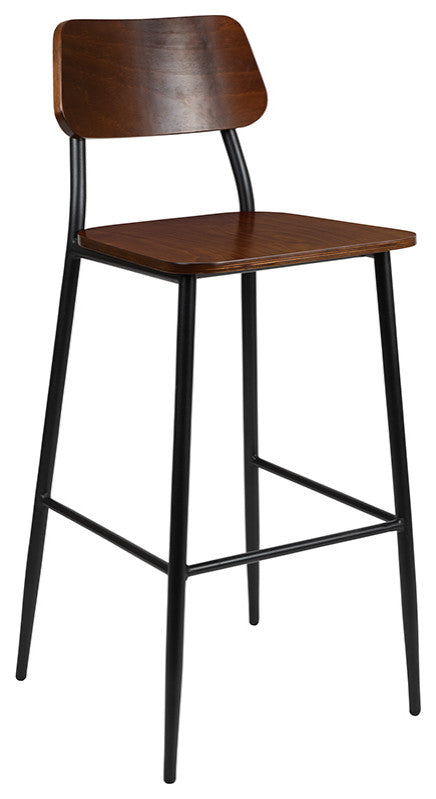 Industrial Barstool with Gunmetal Steel Frame and Rustic Wood Seat