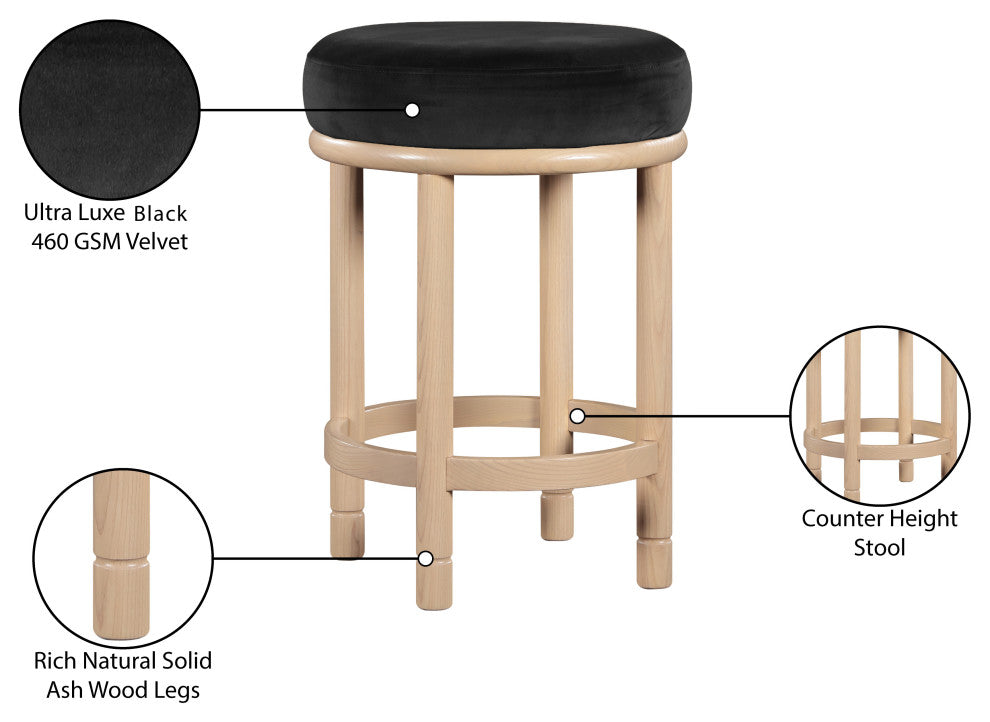 Monette Upholstered Bar and Counter Stool, Black, Velvet, Natural Finish