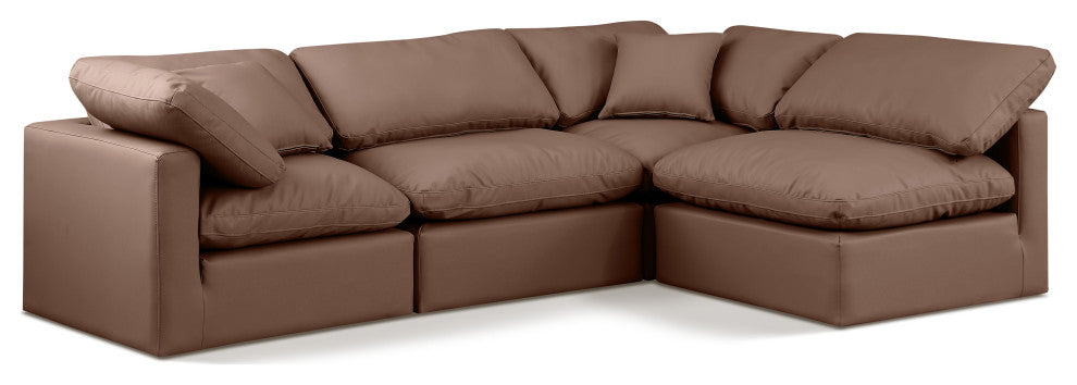 Indulge Upholstered Modular L-Shaped Sectional, Brown, 4-Piece: 2 Armless Chair, 2 Corner Chair, Fiber Stuffed Vegan Leather