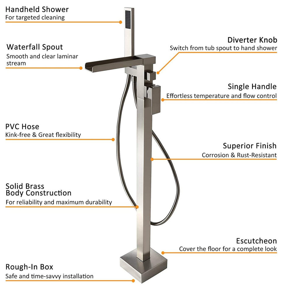 Modern Waterfall Freestanding Bathroom Bathtub Faucet Floor Mount Tub Filler, Brushed Nickel