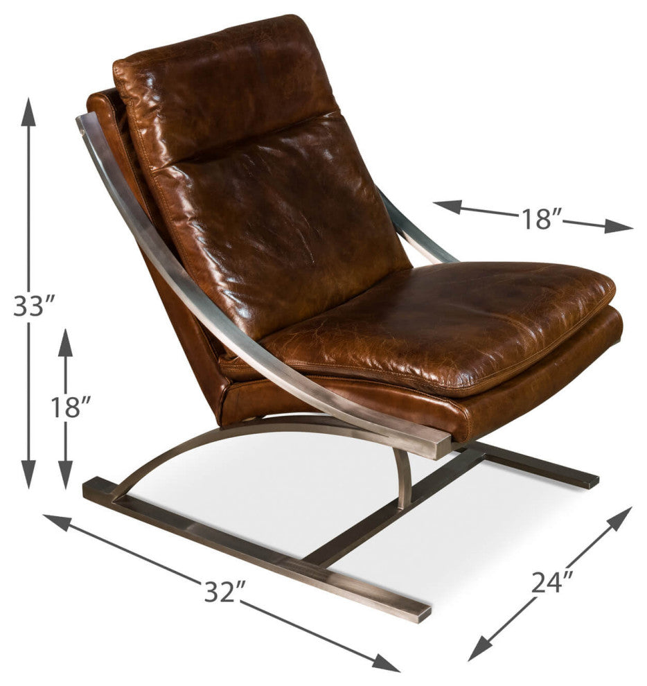 Modern Stainless Steel and Brown Leather Chair