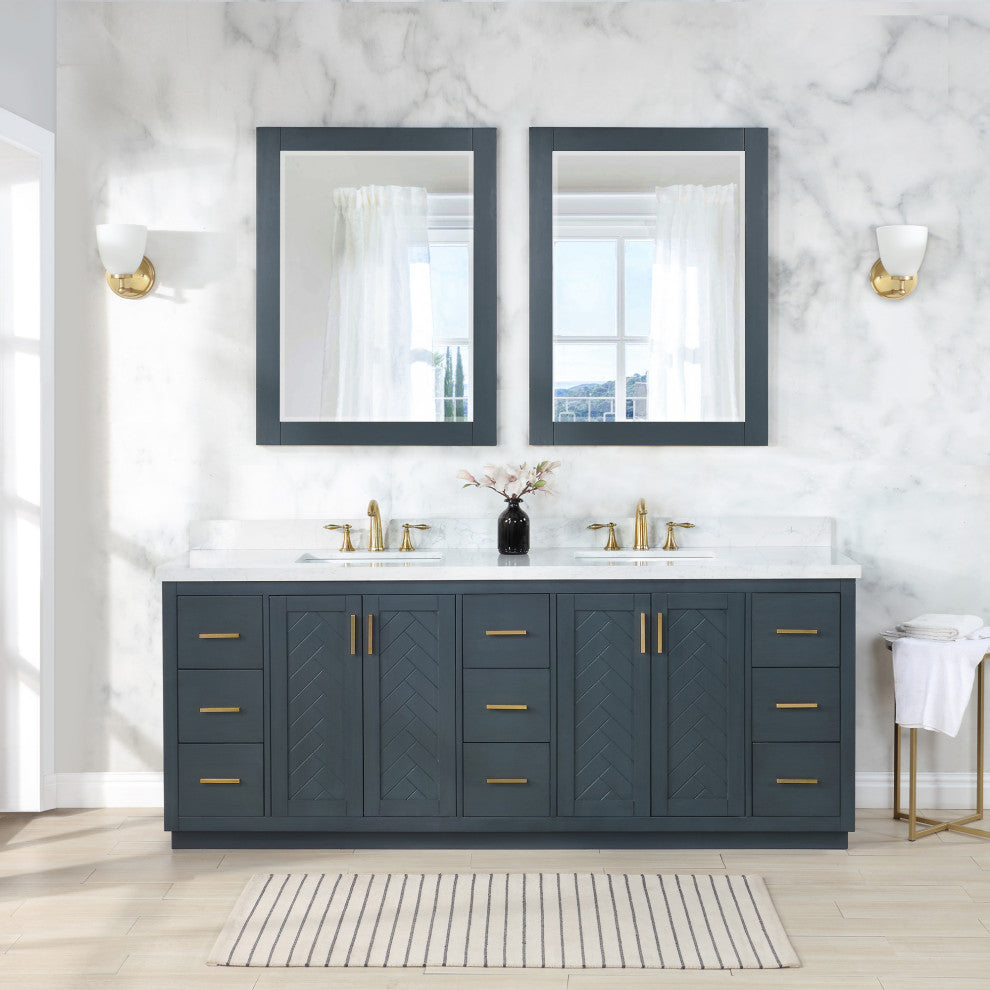 Gazsi Charcoal Blue Bathroom Vanity Set, 84", With Mirror