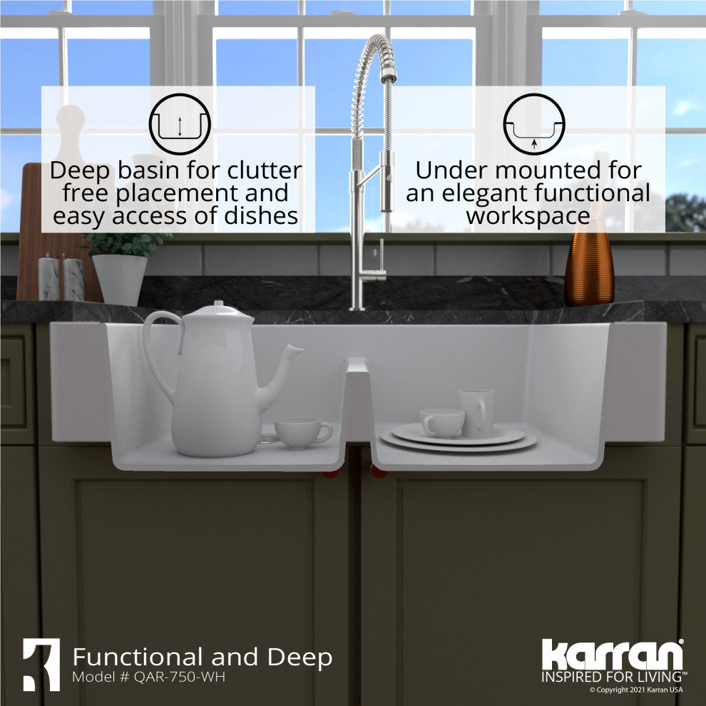 Karran Retrofit Farmhouse Quartz 34" Double Bowl Sink, White