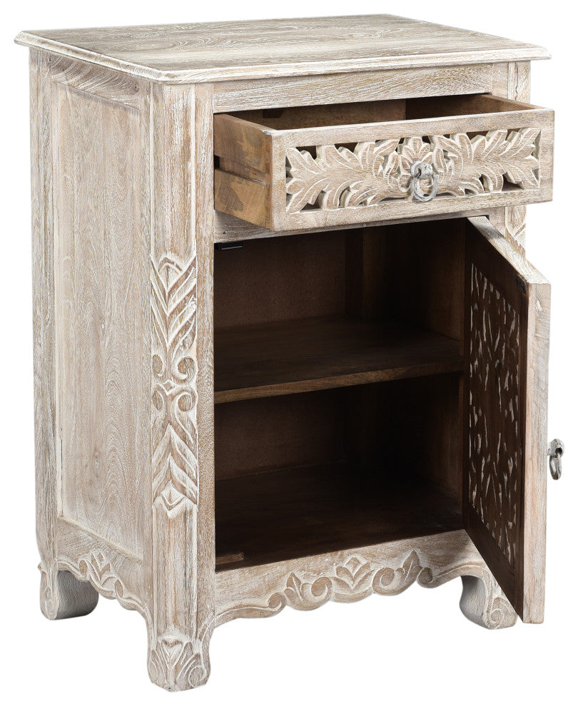 Delaney Carved 1 Door Nightstand, Sand White, Right