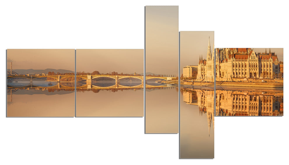 Hungarian Parliament Panorama, Cityscape Canvas Art Print, 60"x32", 5 panels