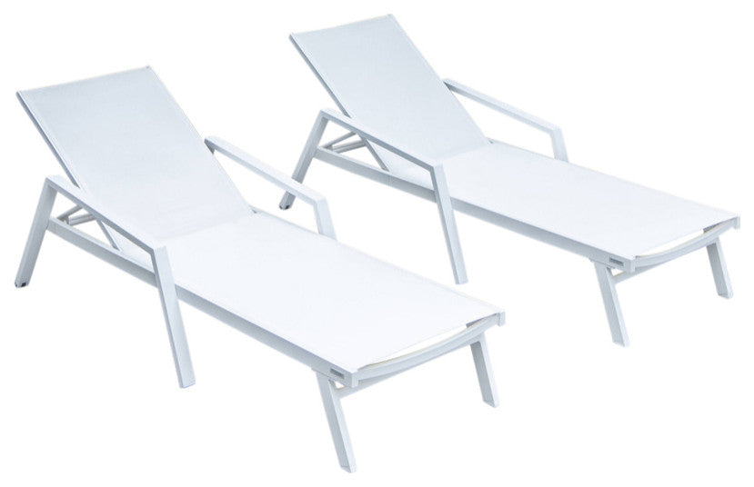 LeisureMod Marlin Patio Chaise Lounge Chair White Arms Set of 2, White
