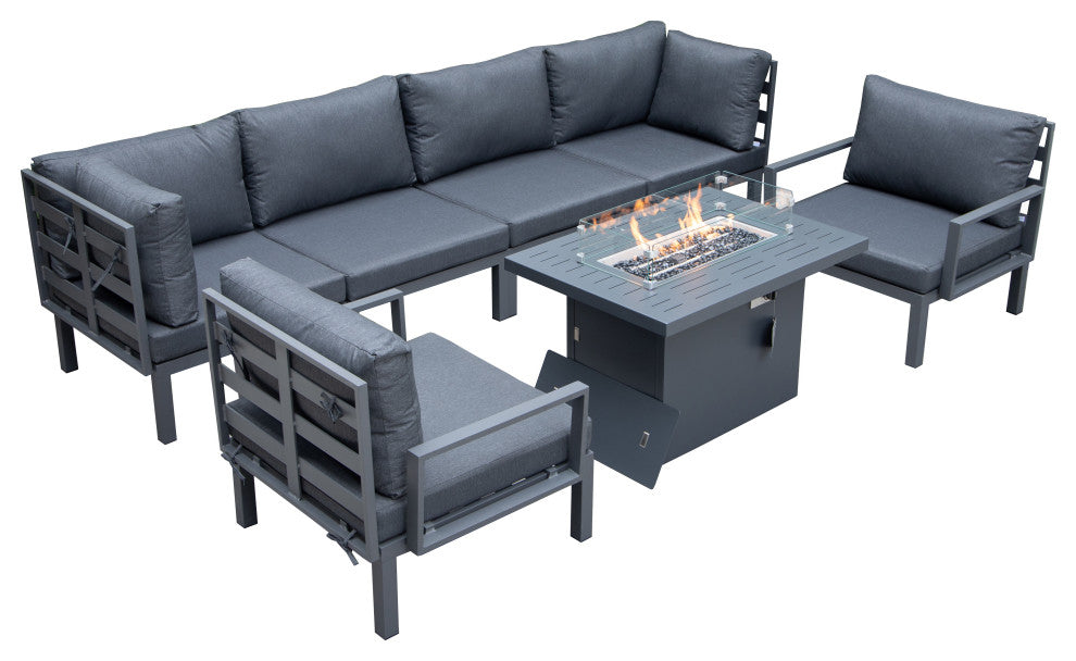 LeisureMod HSFBL-7BL Hamilton 7-Pcs Conversation Set Fire Pit Table&Cushions