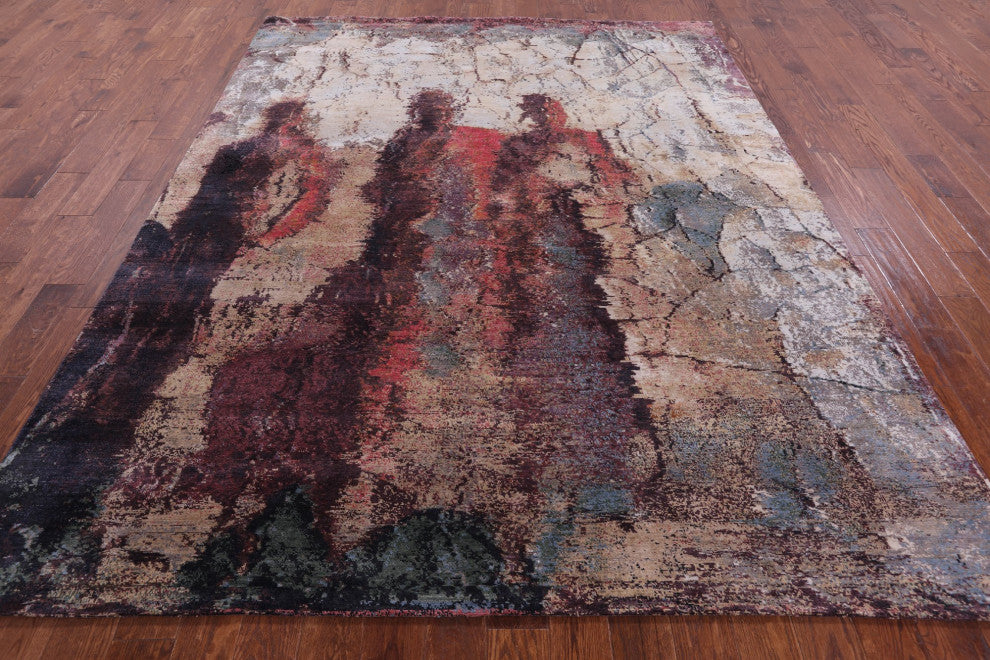7' 10" X 9' 10" Wool and Silk Abstract Handmade Rug Q9051